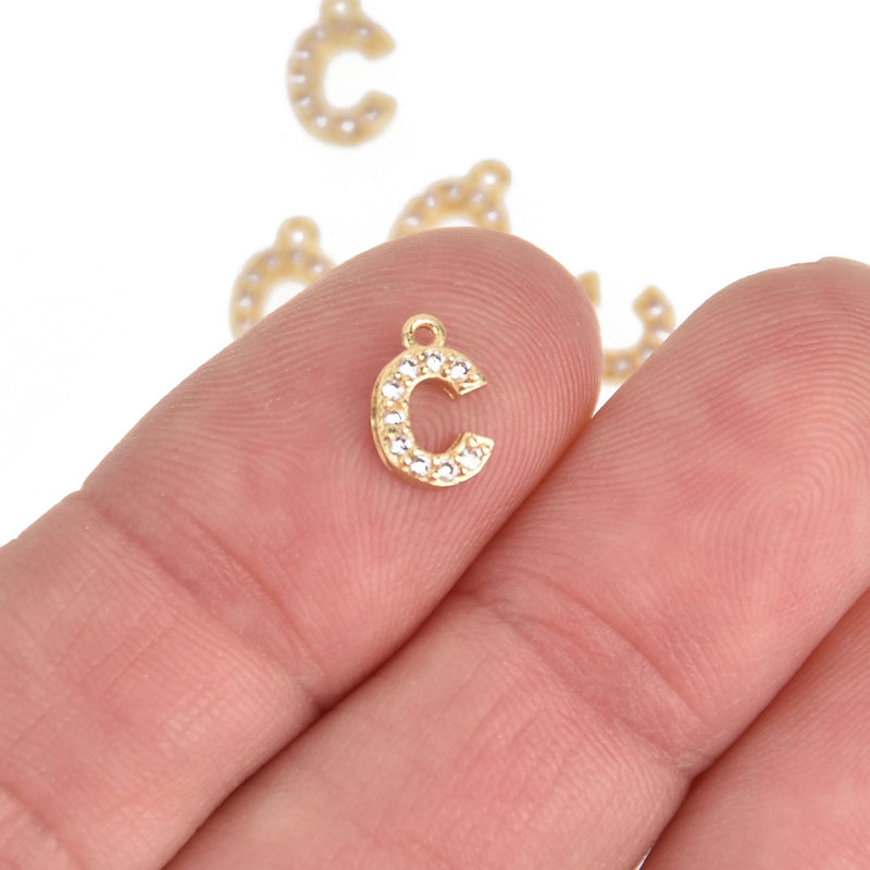 4 Letter C Gold Plated Charm, Micro Pave Crystals, CZ Ititial Charms, 3/8", chs6987