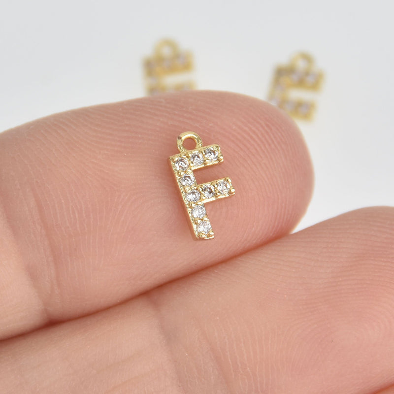 4 Letter F Gold Plated Charm, Micro Pave Crystals, CZ Ititial Charms, 3/8", chs6990