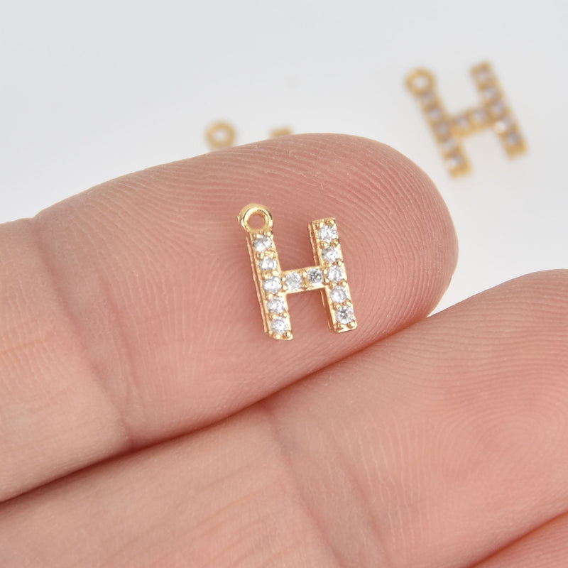 4 Letter H Gold Plated Charm, Micro Pave Crystals, CZ Ititial Charms, 3/8", chs6992