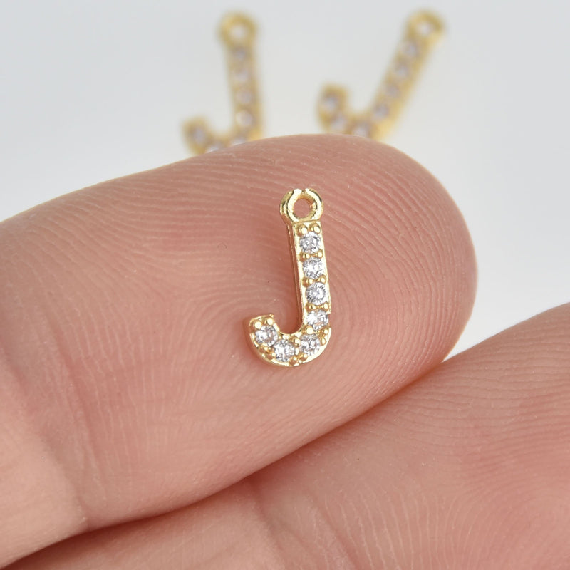 4 Letter J Gold Plated Charm, Micro Pave Crystals, CZ Ititial Charms, 3/8", chs6994