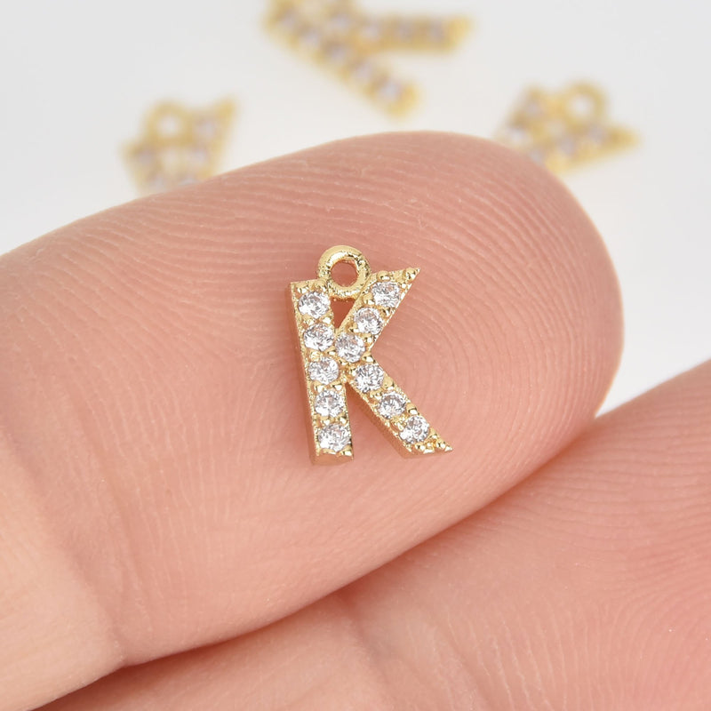 4 Letter K Gold Plated Charm, Micro Pave Crystals, CZ Ititial Charms, 3/8", chs6995