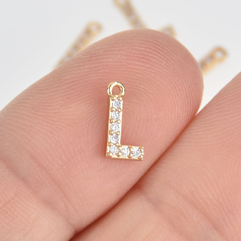 4 Letter L Gold Plated Charm, Micro Pave Crystals, CZ Ititial Charms, 3/8", chs6996