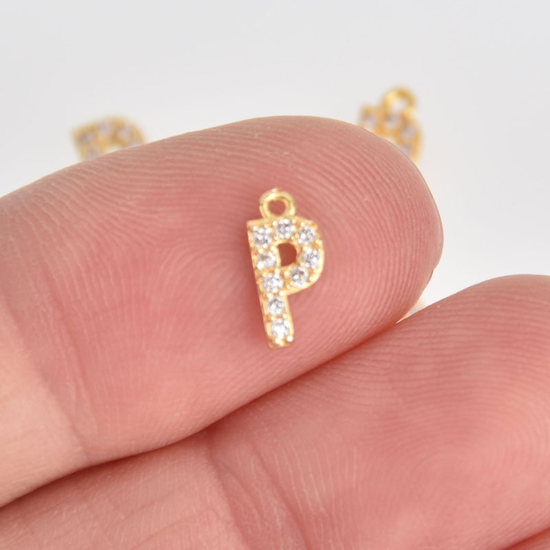 4 Letter P Gold Plated Charm, Micro Pave Crystals, CZ Ititial Charms, 3/8", chs7000