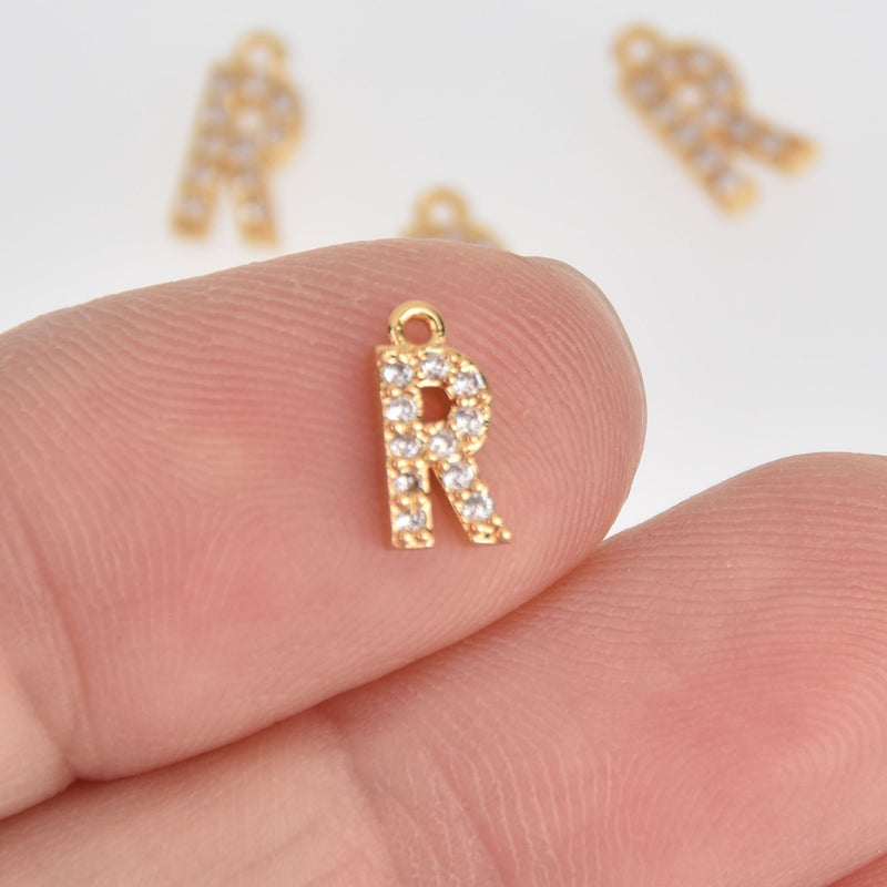 4 Letter R Gold Plated Charm, Micro Pave Crystals, CZ Ititial Charms, 3/8", chs7002