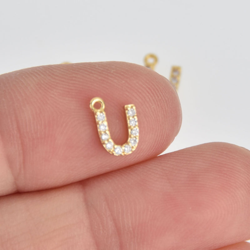 4 Letter U Gold Plated Charm, Micro Pave Crystals, CZ Ititial Charms, 3/8", chs7005