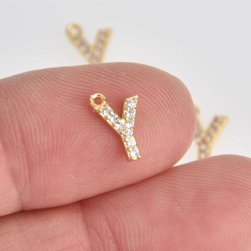 4 Letter Y Gold Plated Charm, Micro Pave Crystals, CZ Ititial Charms, 3/8", chs7007