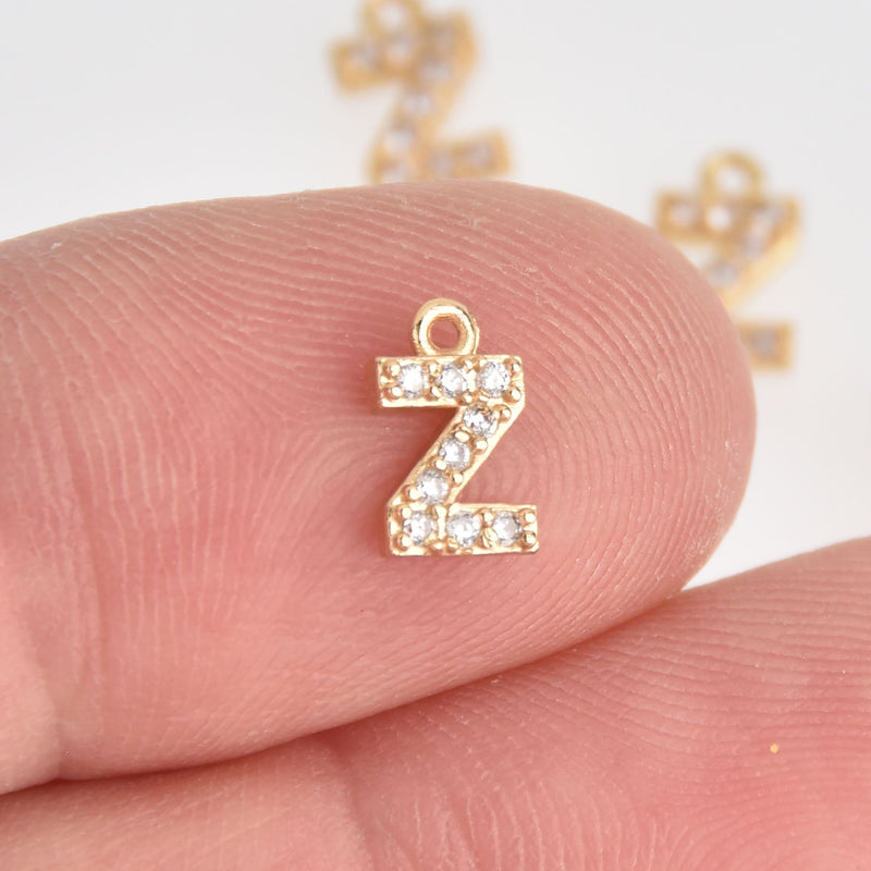 4 Letter Z Gold Plated Charm, Micro Pave Crystals, CZ Ititial Charms, 3/8", chs7008