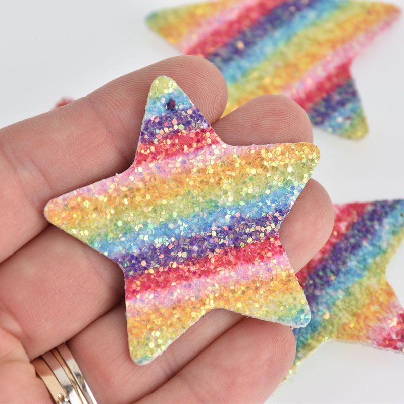 10 Faux Leather STAR Glitter Charms, Bright Rainbow, Vegan Leather, 2" long chs7025