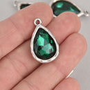 Green Rhinestone Drop Charm, Teardrop Crystal Glass in Silver Tone Bezel, 27x17mm, chs7024