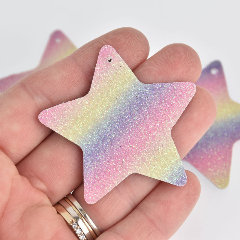 10 Faux Leather STAR Glitter Charms, Pastel Rainbow, Vegan Leather, 2" long chs7026