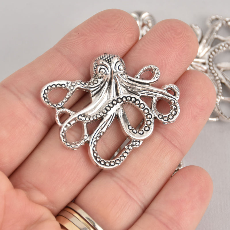 2 Large OCTOPUS Charms, antique silver tone metal . chs7029