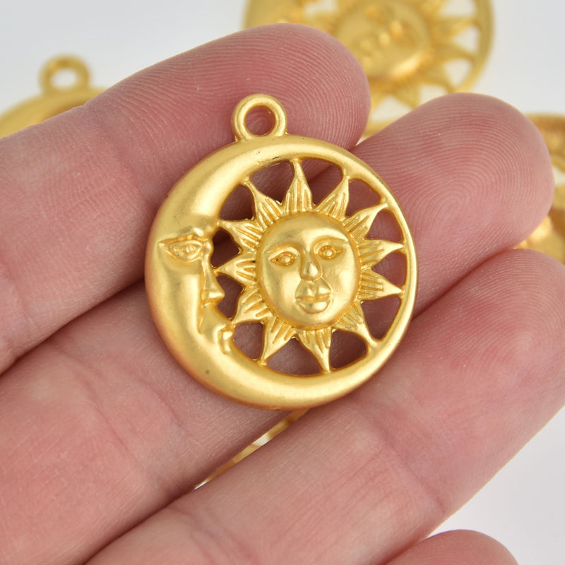 5 Matte Gold Plated Sun Moon Charms Metal, 30mm chs7033