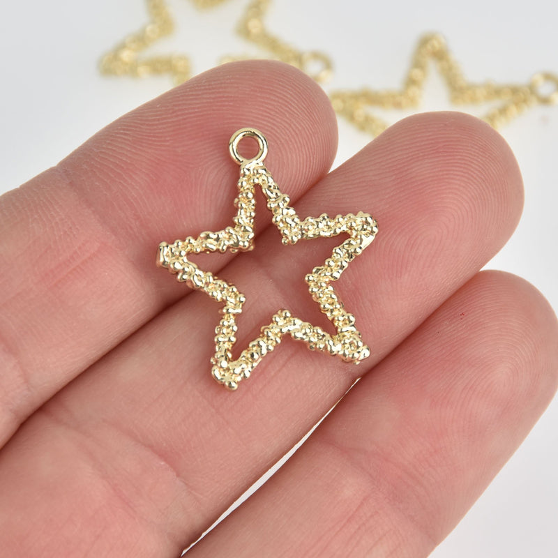 5 Gold Plated Star Charms Hammered Metal, 25mm chs7034