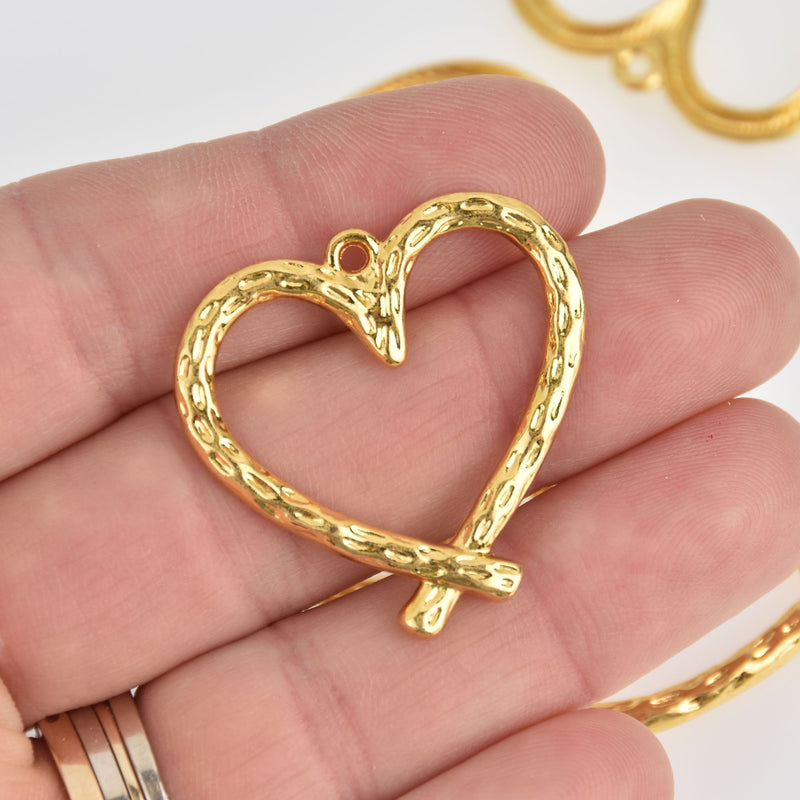 5 Gold Plated Heart Charms Hammered Metal, 34mm chs7039