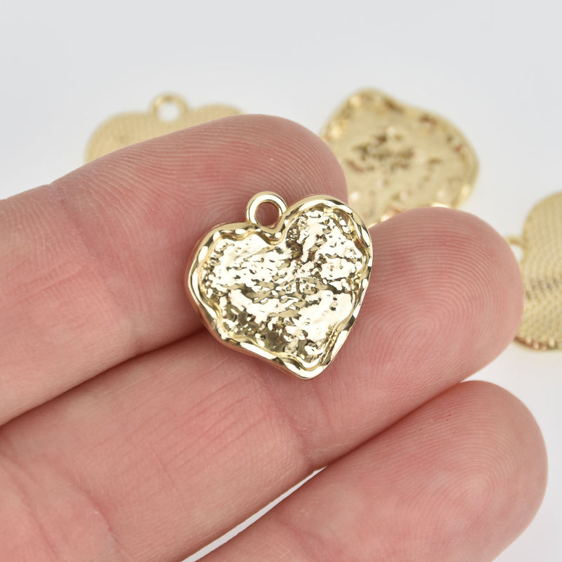 5 Gold Plated Heart Charms Hammered Metal, 18mm chs7040