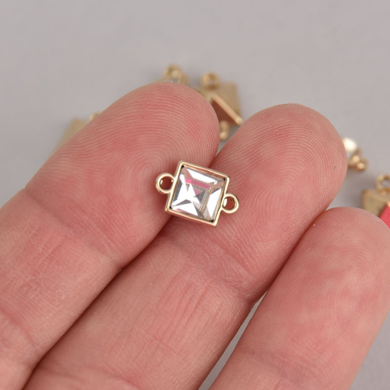 5 Gold Rhinestone Connector Charms, square crystal drop charms, CLEAR Crystal, 12x8mm, chs7042