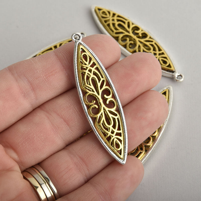 2 Leaf Filigree Charms Gold and Silver 56mm chs7045