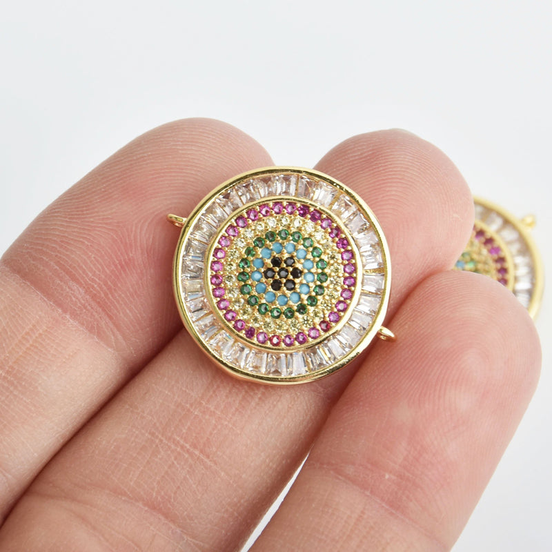 Gold Crystal Micro pave Mandala Charm, Medallion with CZ, Cubic Zirconia Stones 21mm chs7046