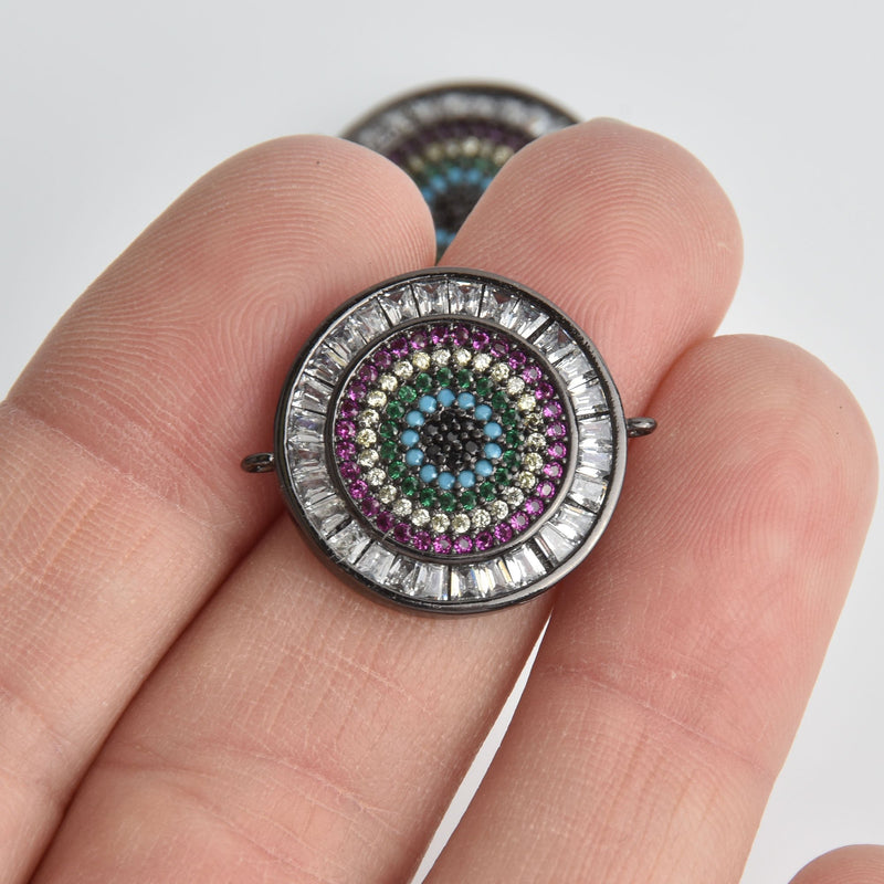 Black Crystal Micro pave Mandala Charm, Medallion with CZ, Cubic Zirconia Stones 21mm chs7047