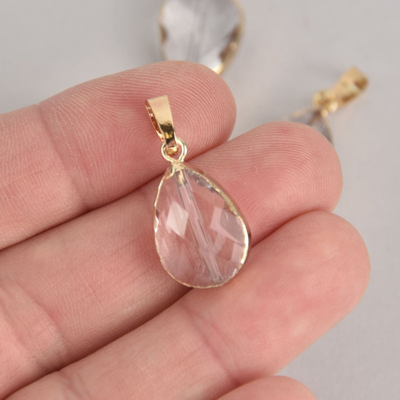 1 Crystal Teardrop Drop Pendant, Clear Glass, Faceted, GOLD Bail, 25x14mm, chs7051