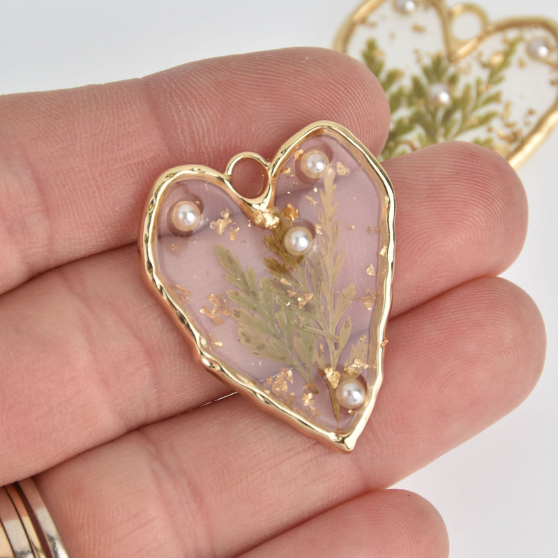 2 Pressed Flower Gold Heart Charms, Resin with faux pearls, 35mm, chs7054