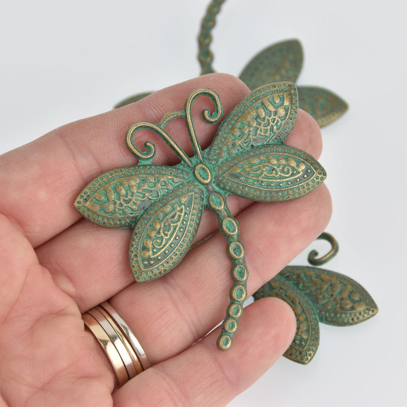 2 Dragonfly Charms, bronze metal with green verdigris patina, 2-1/4", chs7056
