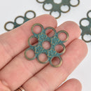 5 Flower Connector Charms, bronze metal with green verdigris patina, 29mm, chs7057