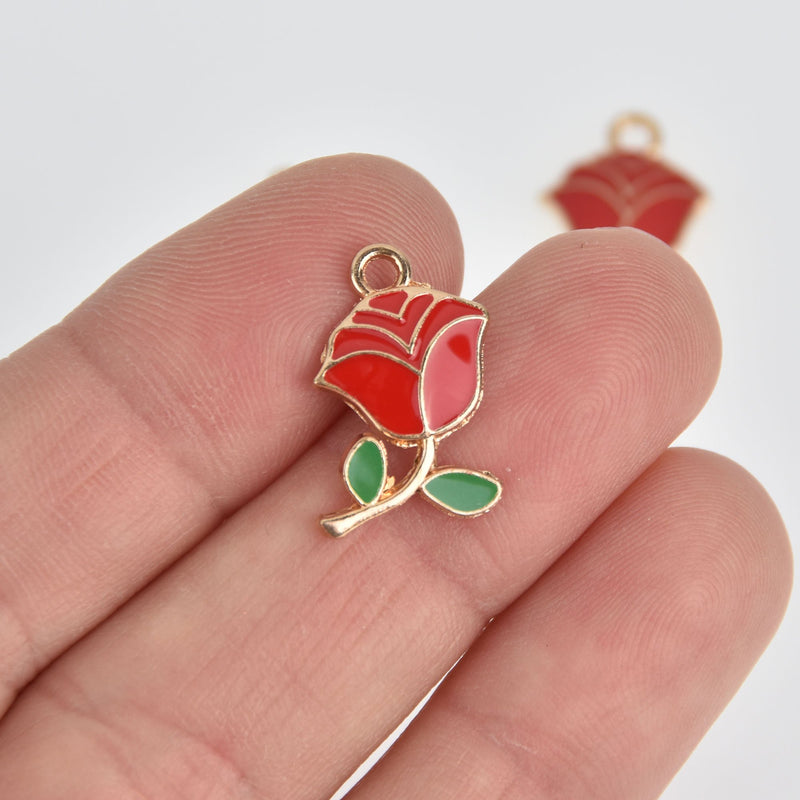 5 Red Rose Charms, Gold Metal, chs7058