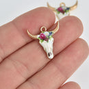 6 Bull Skull Charms Gold Plated with Flowers chs7061