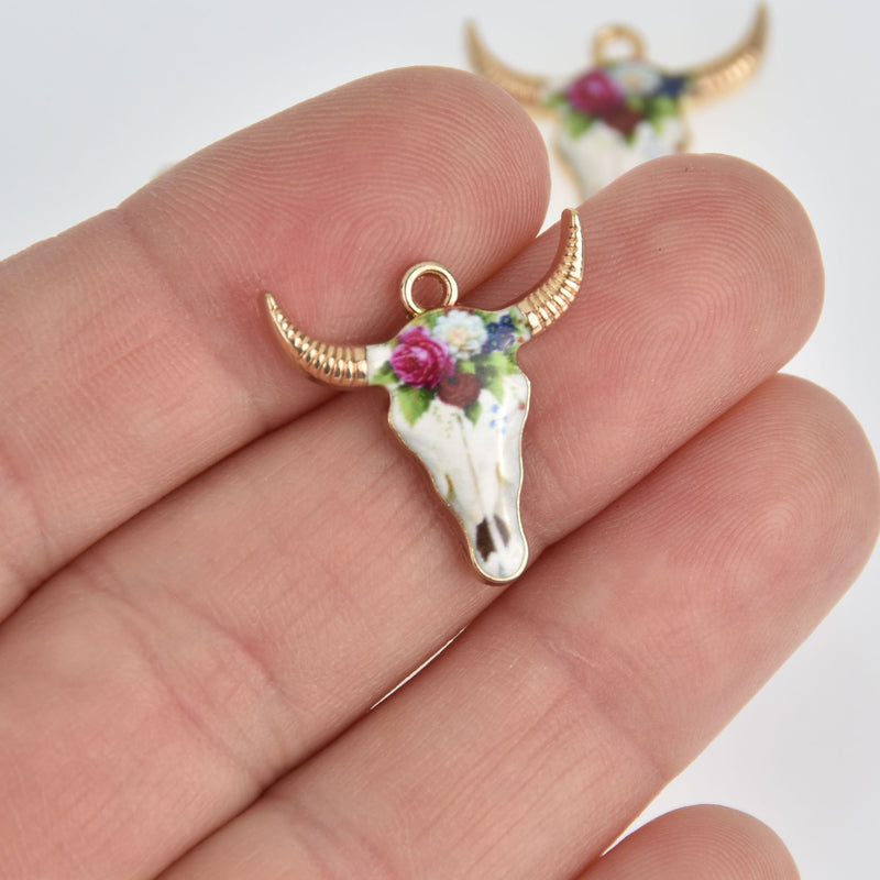 6 Bull Skull Charms Gold Plated with Flowers chs7061