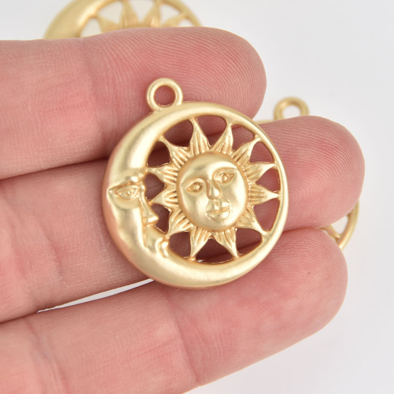 5 Matte Light Gold Plated Sun Moon Charms Metal, 30mm chs7062