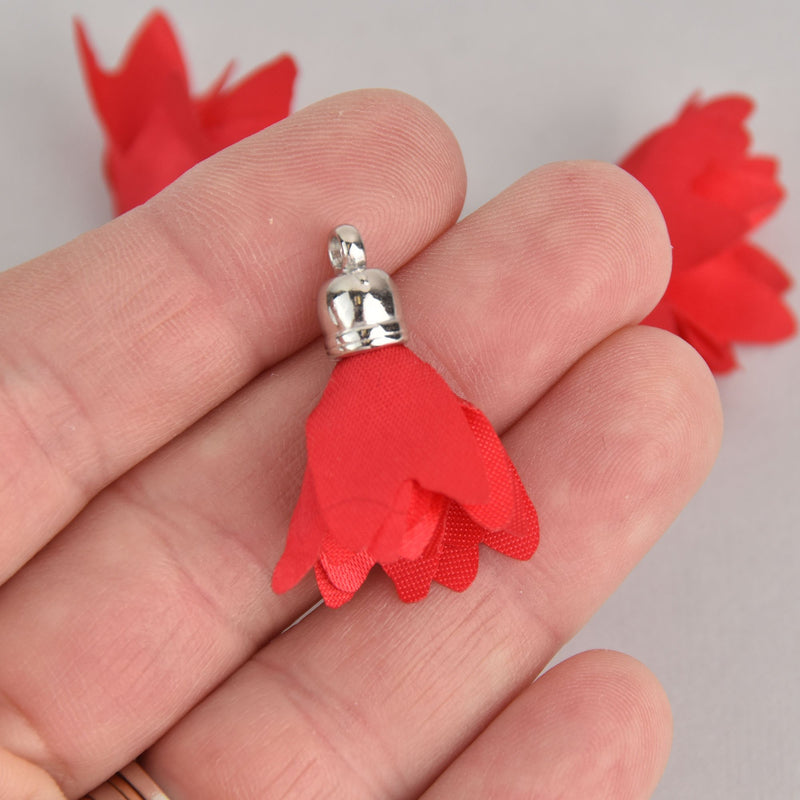 4 Red Flower Rose Floral Fabric Tassel Charms Silver Tone Cap 33mm long (about 1-1/4") Chs7064