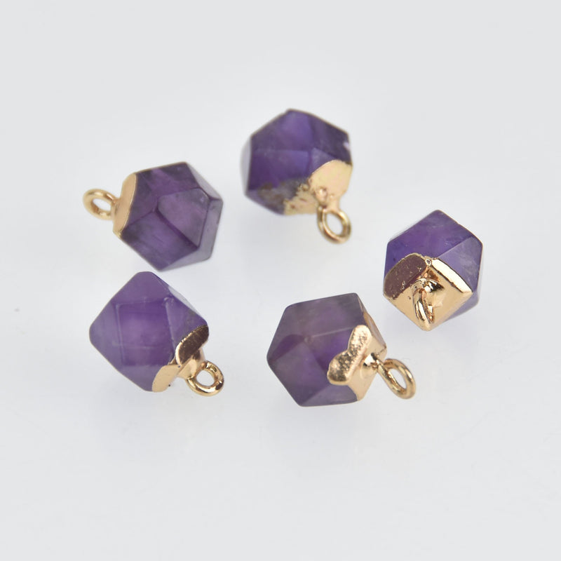 2 Purple Amethyst Charms, Faceted Nugget, Gold Plated Bail, 10mm chs7068