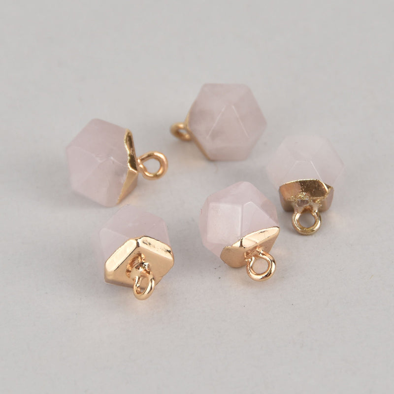 2 Pink Rose Quartz Charms, Faceted Nugget, Gold Plated Bail, 10mm chs7069