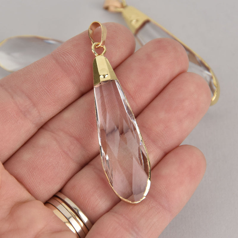 1 Crystal Teardrop Drop Pendant, C;ear Glass, Faceted, Gold Bail, 2" long, chs7070