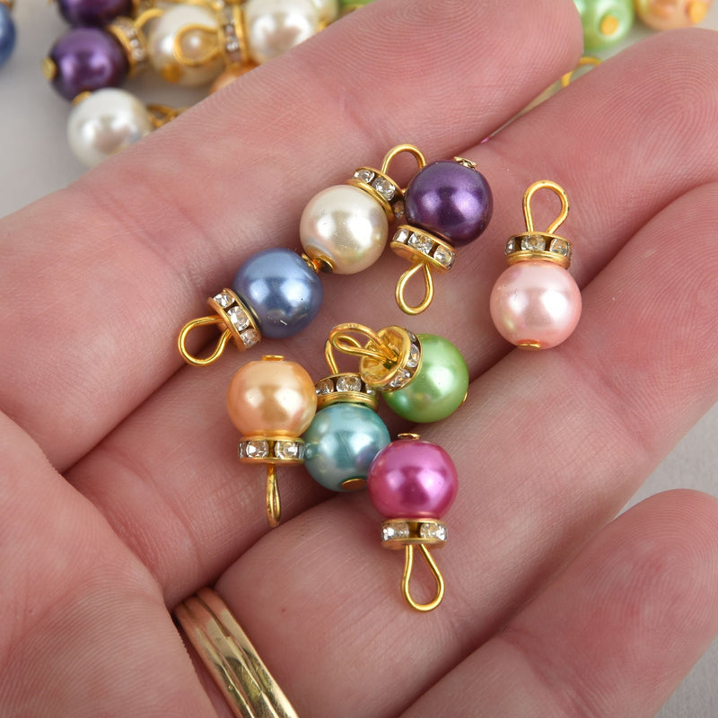 10 Gold Crystal Drop Charms mixed colors glass pearls rhinestone 5/8" chs7075