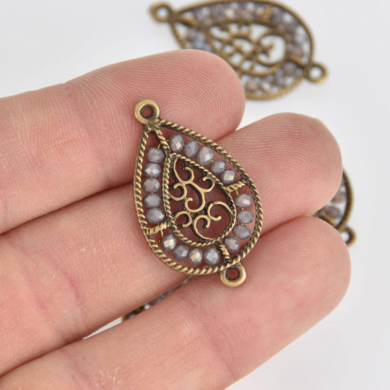 2 Bronze Teardrop Filigree Charms, GRAY AB Crystal Beads, Connector Link, 1.25" long, chs7117