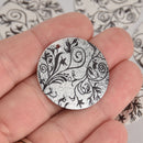 5 Black Floral Charms, Silver Stardust Circle with Enamel, 30mm, chs7119