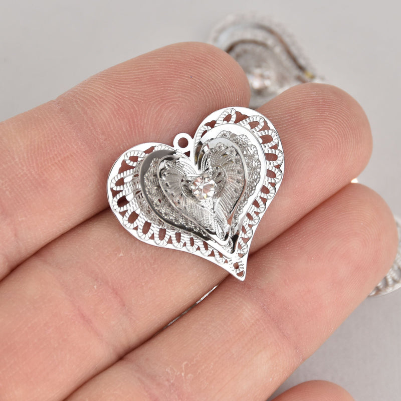 5 Silver Filigree Heart Charms, Crystal 3D Charms, 26mm, chs7124