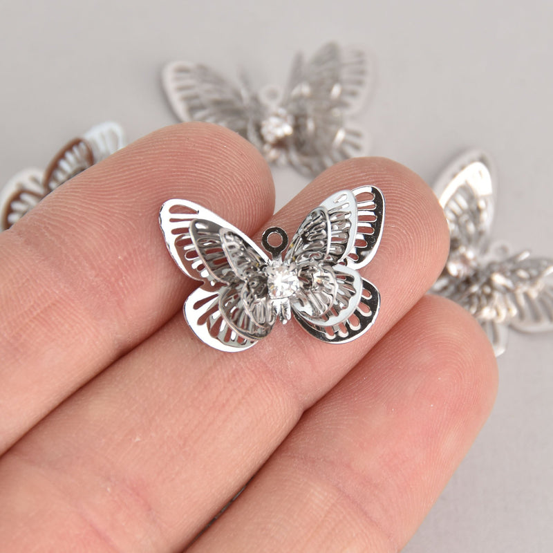 5 Silver Filigree Butterfly Charms, Crystal 3D Charms, 23mm, chs7125