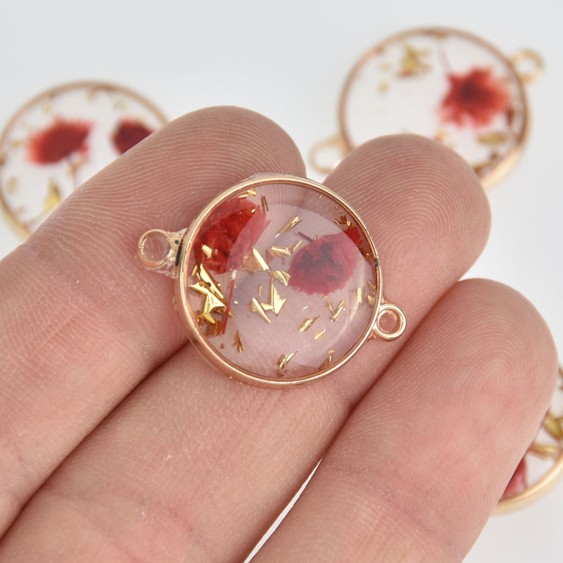 2 Red Pressed Flower Charms, Gold Connector Bezel, Resin, chs7126