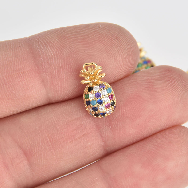 Micro Pave CZ PINEAPPLE Charms, Multicolor with Gold Plating, 15mm chs7128