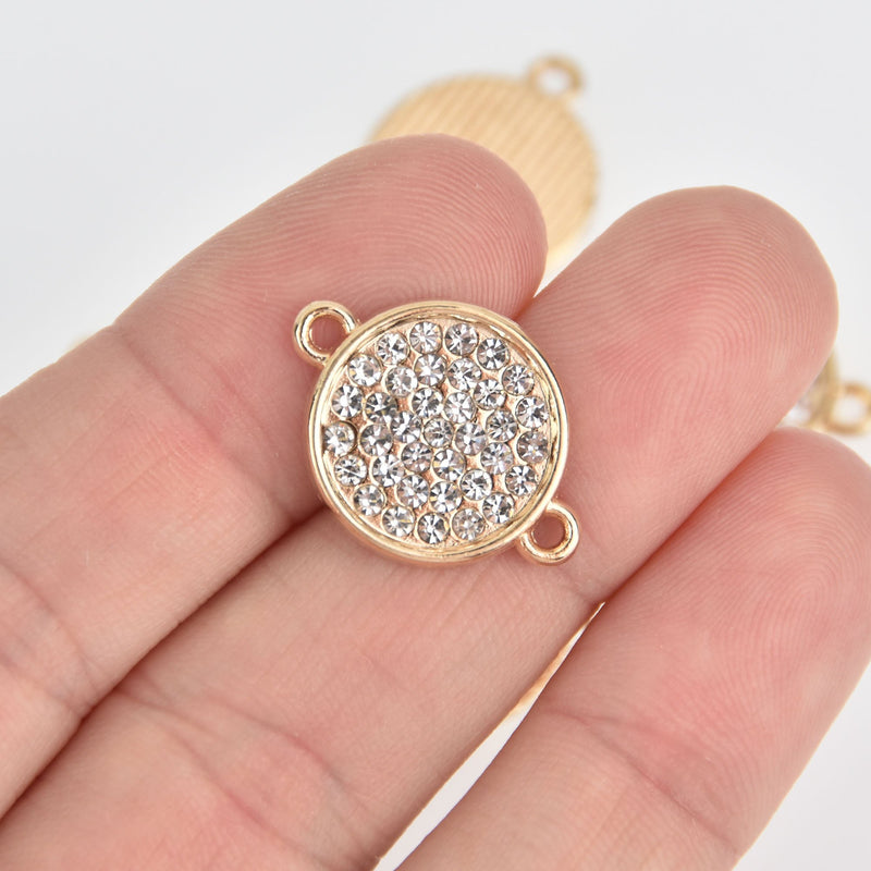4 Gold Rhinestone Drop Charms, 2-hole connector links, 16mm round coin charms, chs7132