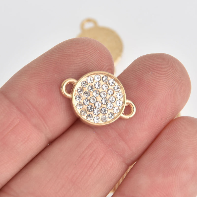 4 Gold Rhinestone Drop Charms, 2-hole connector links, 13mm round coin charms, chs7133