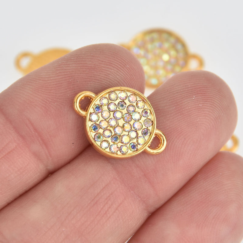 4 Gold AB Rhinestone Drop Charms, 2-hole connector links, 13mm round coin charms, chs7134