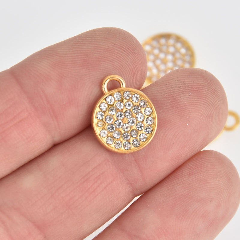 4 Gold Rhinestone Drop Charms, 13mm round coin charms, chs7139