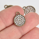 4 Bronze Rhinestone Drop Charms, 13mm round coin charms, chs7142