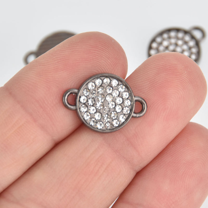 4 Gunmetal Rhinestone Drop Charms, 2-hole connector links, 13mm round coin charms, chs7145
