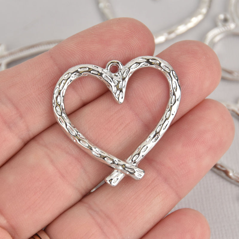 5 Silver Plated Heart Charms Hammered Metal, 34mm chs7146