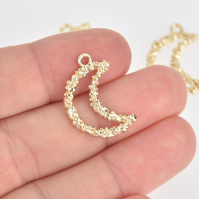 5 Gold Plated Moon Charms Hammered Metal, 23mm chs7147